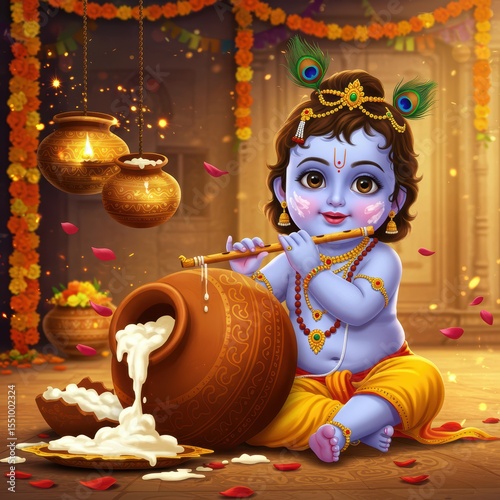 Cartoon Krishna Playing Flute with Butter Mataki Pot | Cute Janmashtami Festival Art

