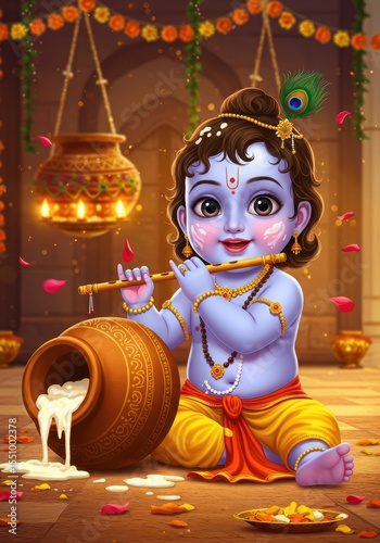 Lord Krishna in 3D Playing Flute beside Mataki Butter Pot | Vibrant Janmashtami Poster


