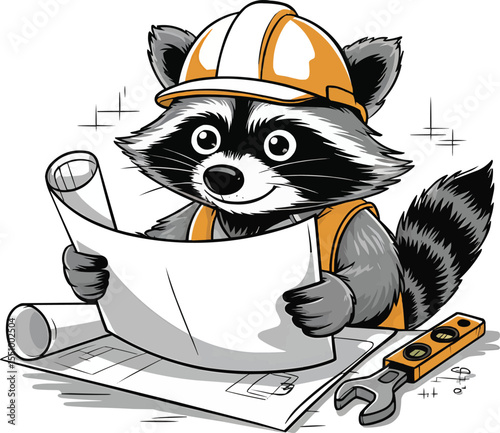 cartoon raccoon with blueprint and tools vector illustration,Generative Ai