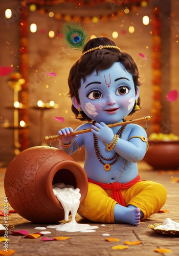 Janmashtami 3D Art of Krishna with Flute and Overflowing Butter Pot | Divine Illustration

