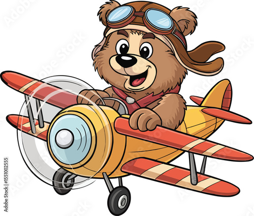 Bear Flying Airplane Cartoon Vector Illustration,Generative Ai