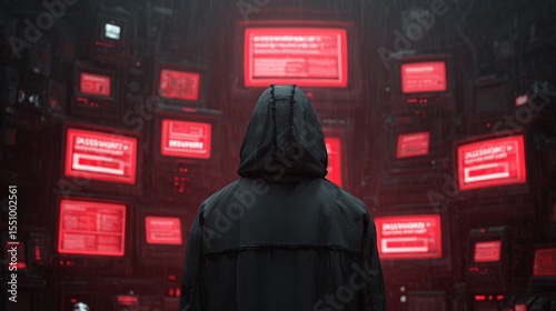Hooded hacker standing in dark room, surrounded by glowing red computer screens displaying code and warnings, creating mysterious and intense atmosphere
