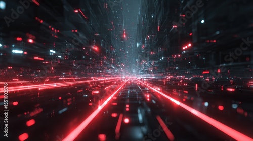 Futuristic abstract visualization of data breach with glowing red lines, digital grid, and cyberpunk atmosphere, conveying urgency and high tech energy
