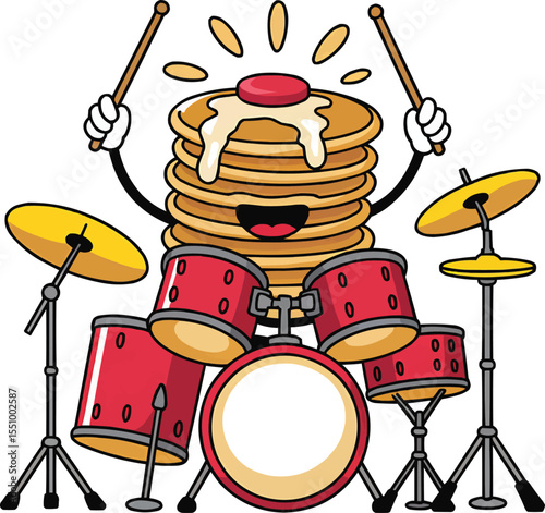 Pancake Playing Drums Cartoon Vector Illustration,Generative Ai