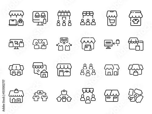 Online Store Icon Silhouettes Collection – Minimalist E-commerce, Shopping, Retail Storefront and Product Line Style Vector Icons on White Background