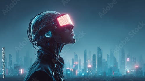 Futuristic hacker wearing neural interface helmet and glowing visor, standing in cyberpunk cityscape at night, technology and innovation concept