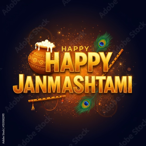 Janmashtami Text Art Poster | Vibrant 3D Happy Janmashtami Typography with Traditional Elements

