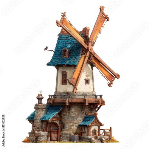 Detailed fantasy windmill, stone and wood structure