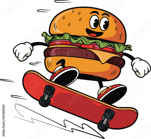 Skateboarding Burger Character Vector Illustration,Generative Ai