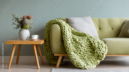 lime green sofa with knitted throw blanket and wooden side table. A vase with dried flowers sits on the table, adding a touch of natural elegance to the scene.