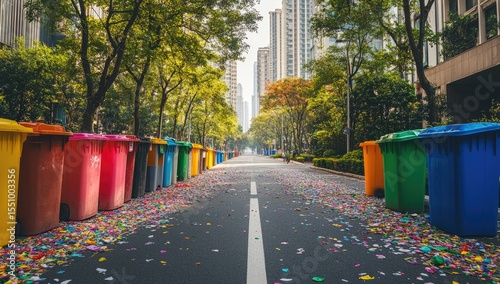 Colorful street lined with bins, confetti strewn