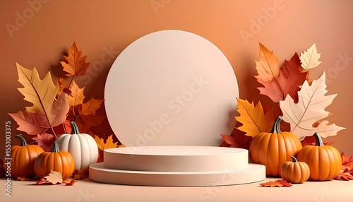 autumn background podium with pumpkins and leaves