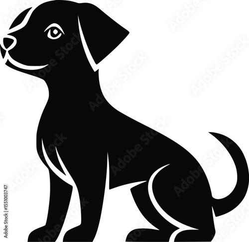 Happy playful puppy, black silhouette, vector illustration, pet adoption, loyal companion, adorable canine, simple design, graphic element, isolated image, perfect for branding.