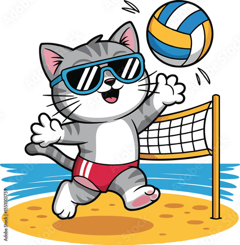 Cartoon Cat Playing Volleyball on Beach Vector Illustration,Generative Ai