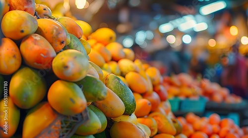 Mangoes piled high at a vibrant fruit market, their sweet fragrance wafting through the air and tempting passersby with their juicy goodness