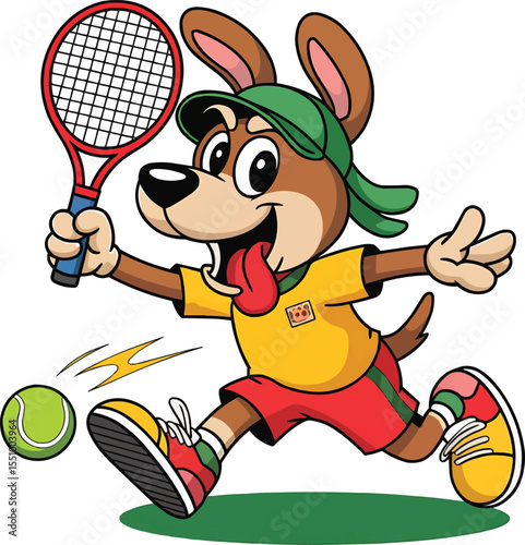 Cute Cartoon Dog Playing Tennis Vector Illustration,Generative Ai