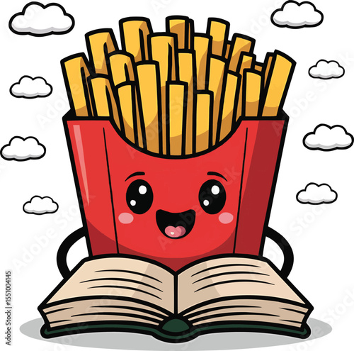 Happy French Fries Reading Book Cartoon Vector Illustration,Generative Ai