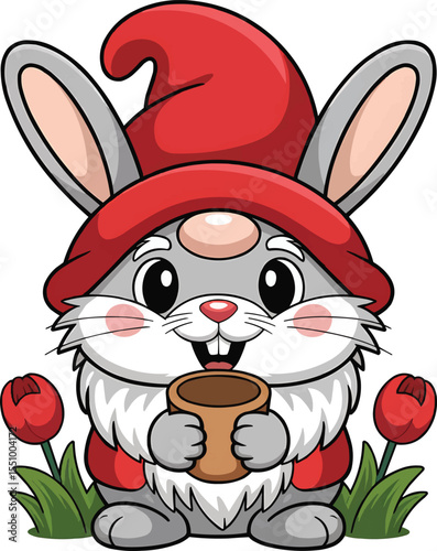 Gnome Bunny with Mug and Tulips Vector Illustration,Generative Ai