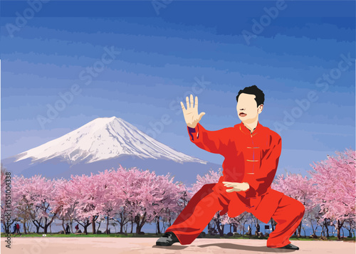 024-25-Martial artist performing tai chi with mount fuji and cherry blossoms in background. Hand drawn illustration