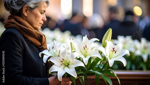 Woman holding lilies with at a memorial.