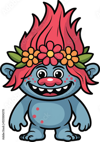 Red Haired Troll with Flowers Vector Illustration,Generative Ai