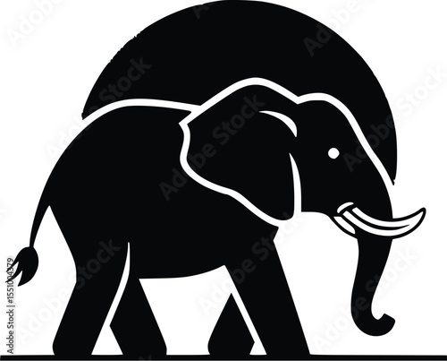 Serene African elephant silhouette logo; strong, majestic, sunset graphic design element.