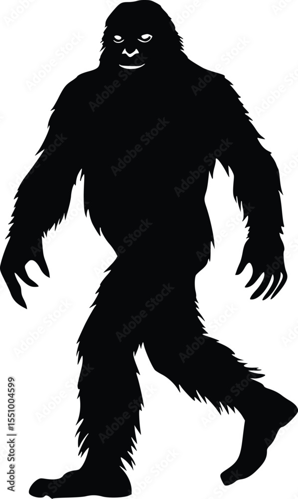 Fototapeta premium Bigfoot Silhouette: Mysterious, Dark, Walking, Primate, Cryptozoology, Illustration, Vector, Graphic, Monochrome, Powerful, Legend, Creature, Mythical.