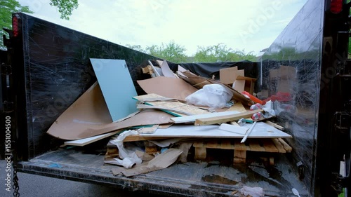 View of Dumpster full of garbage from construction site. Loaded truck view from inside