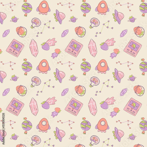 Seamless Pattern of Vector Strawberry Space Theme