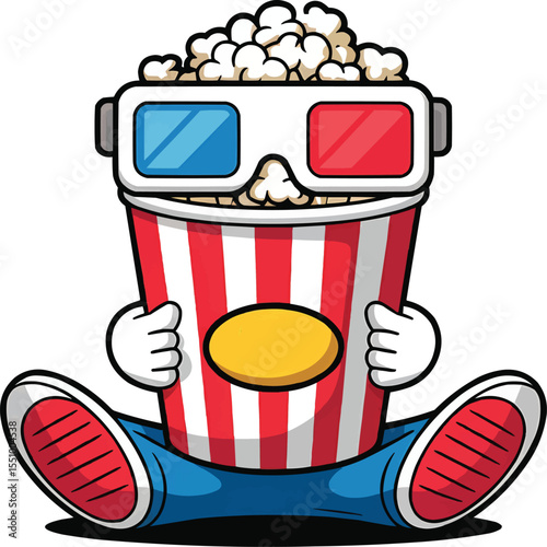 Popcorn Character with 3D Glasses Vector Illustration,Generative Ai