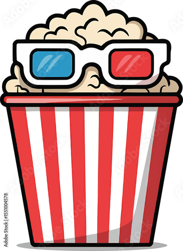 Cartoon Popcorn with 3D Glasses Vector Illustration,Generative Ai