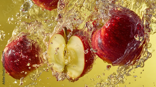 Fresh red apples submerged in crystal-clear water, showcasing the vibrant texture and appetizing nature of the fruit. The dynamic scene captures the essence of freshness