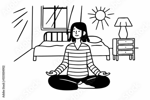 A woman sits cross legged on the floor of a cozy, sunlight filled bedroom at home, meditating in a yoga pose. She is calm and relaxed, wearing a striped yellow sweater