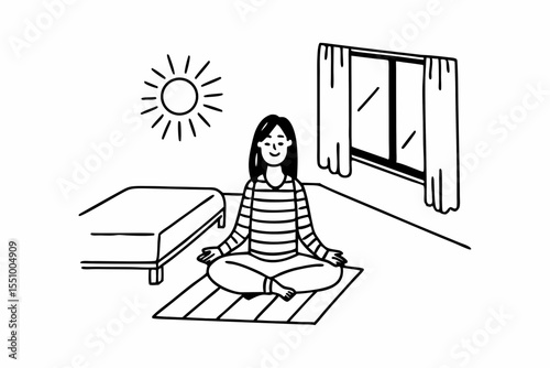 A woman sits cross legged on the floor of a cozy, sunlight filled bedroom at home, meditating in a yoga pose. She is calm and relaxed, wearing a striped yellow sweater