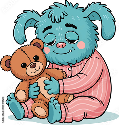Sleepy Cartoon Monster Hugging Teddy Bear Vector Illustration,Generative Ai