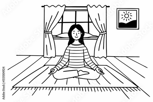 A woman sits cross legged on the floor of a cozy, sunlight filled bedroom at home, meditating in a yoga pose. She is calm and relaxed, wearing a striped yellow sweater
