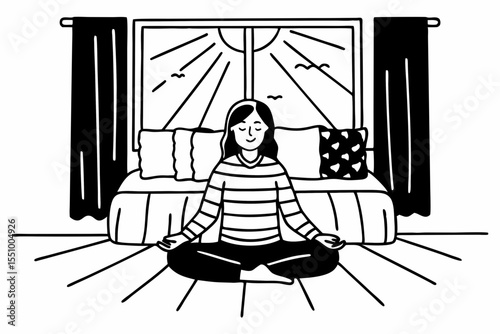 A woman sits cross legged on the floor of a cozy, sunlight filled bedroom at home, meditating in a yoga pose. She is calm and relaxed, wearing a striped yellow sweater