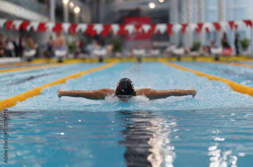 A female swimmer is swimming in an Olympic pool, wearing a black and blue cap, swimming with the butterfly stroke, pool, swimming, water, 