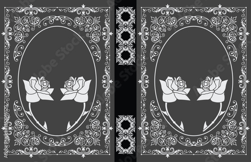 024-32-cTwo mirrored roses lie inside oval frames, surrounded by intricate borders, creating a sophisticated and symmetrical design. Hand drawn illustration