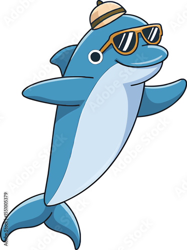 Cool Cartoon Dolphin with Sunglasses and Hat vector illustration,Generative Ai