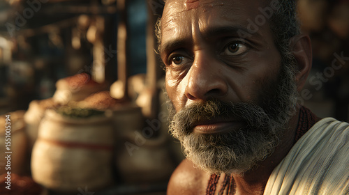 a man in traditional attire looking with interest in a local market setting