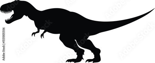 Powerful Tyrannosaurus Rex silhouette, fierce predator, dramatic profile, isolated, vector illustration, graphic design element, menacing posture, prehistoric reptile.