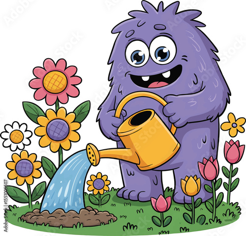 Cute Purple Monster Watering Flowers Vector illustration,Generative Ai