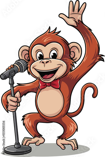 Funny Cartoon Monkey Singing on Stage with Mic vector illustration,Generative Ai