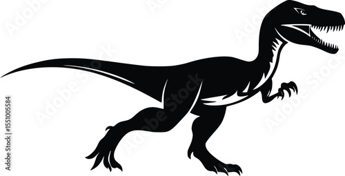 Powerful Black Silhouette of a Raptor Dinosaur: Fierce, Dynamic, and Isolated Illustration.