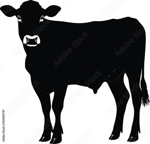Silhouette of a young black calf, farm animal, isolated, graphic design element, simple, elegant, strong, agricultural illustration.