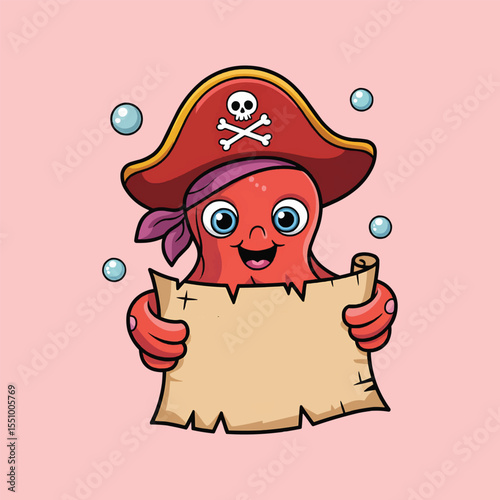 Pirate octopus with map vector illustration,Generative Ai