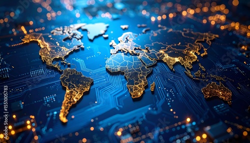 Fototapeta Naklejka Na Ścianę i Meble -  World map on a circuit board.