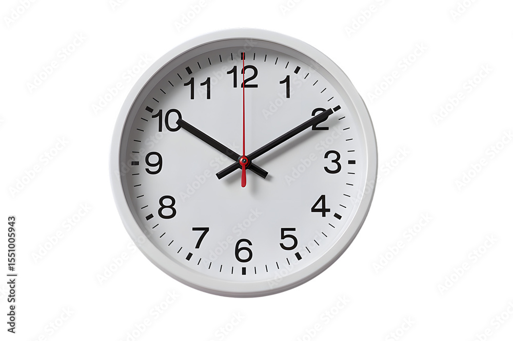 A simple white analog clock with black hands and red second hand isolated on transparent background A simple white analog clock with black hands and red second hand isolated on transparent background