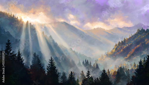 Sunlight streams through mountains and trees in a scenic landscape